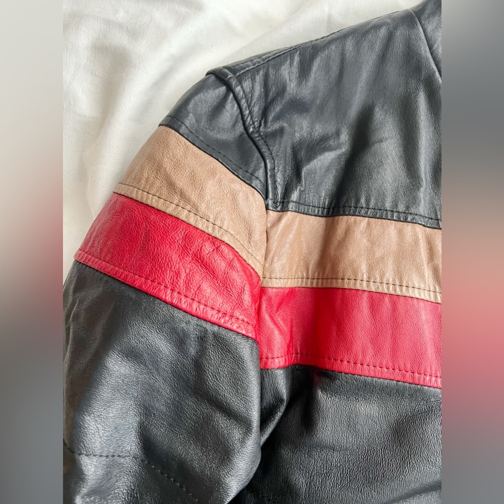 Vintage Cafe Racer Moto Leather Jacket with Red & Tan Chest Stripes - Picture 4 of 14